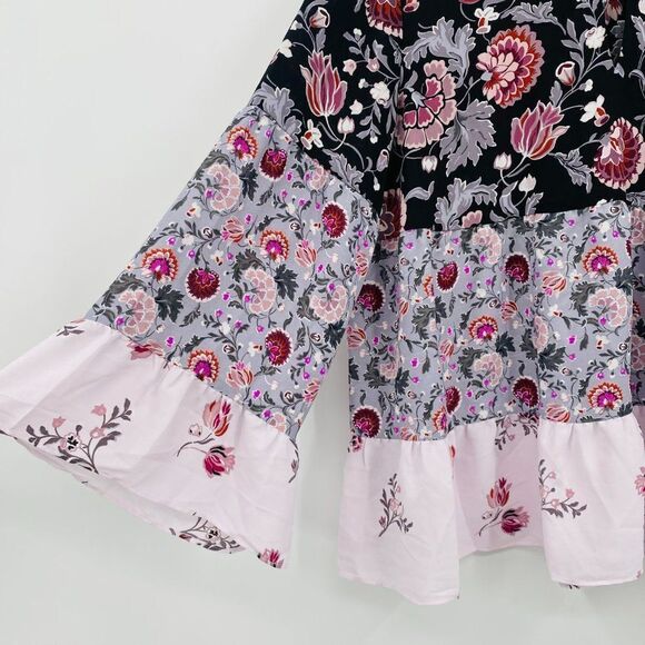 LOFT Size Small Purple Floral Velvet Mock Neck Keyhole Boho Blouse Top - Picture 5 of 8